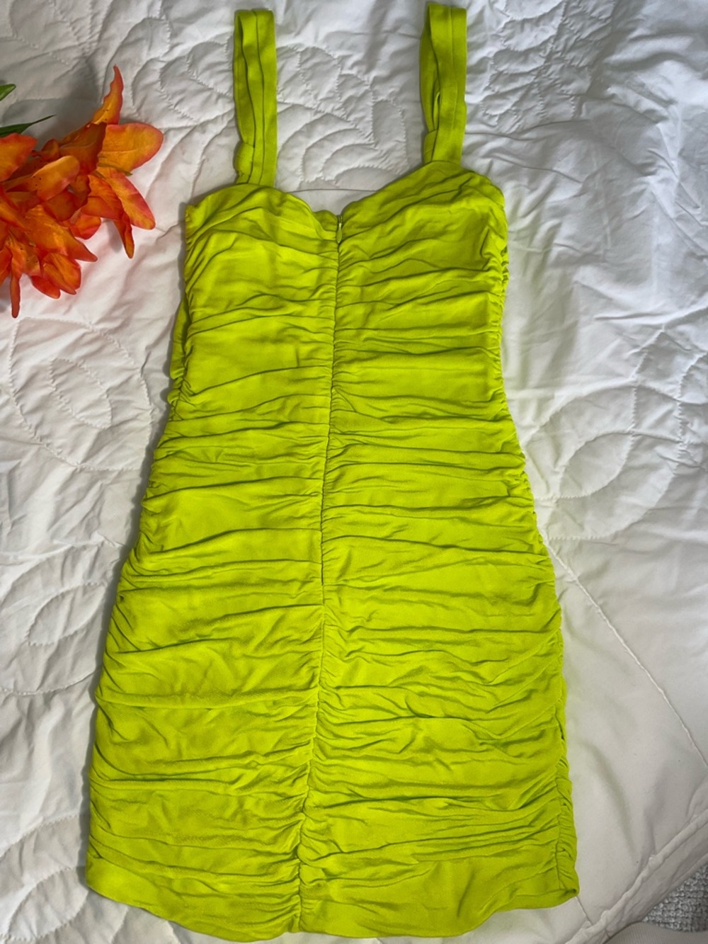 Zara Neon Lime Ruched Mini Dress - Picture 5 of 6